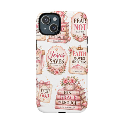 Christian Faith iPhone Tough Magnetic Case — 'Jesus Saves' Floral Scripture Design (Fear Not, Faith Moves Mountains)