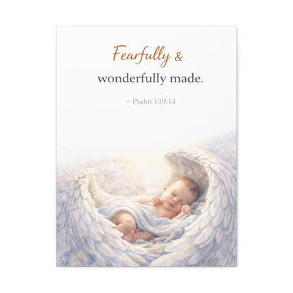 Canvas Wall Art - "Fearfully & Wonderfully Made" Baby Angel Bible Verse (Psalm 139:14) Nursery Decor