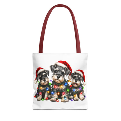 Christmas Schnauzer Tote Bag — Cute Puppies in Santa Hats & Holiday Lights
