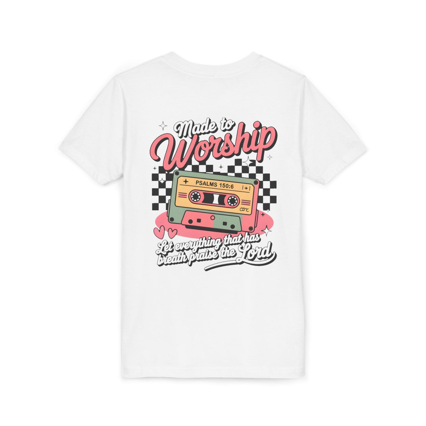 Made to Worship Youth Tee – Retro Cassette Christian Kids Shirt (Psalms 100:4)