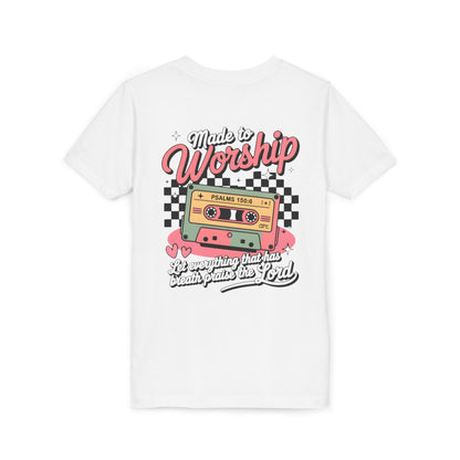 Made to Worship Youth Tee – Retro Cassette Christian Kids Shirt (Psalms 100:4)