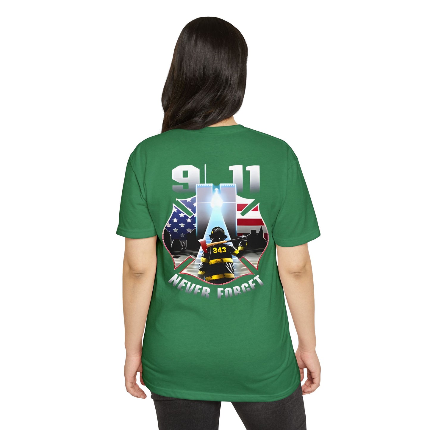 9/11 Never Forget T-Shirt — Firefighter Tribute Tee with Twin Towers & American Flag