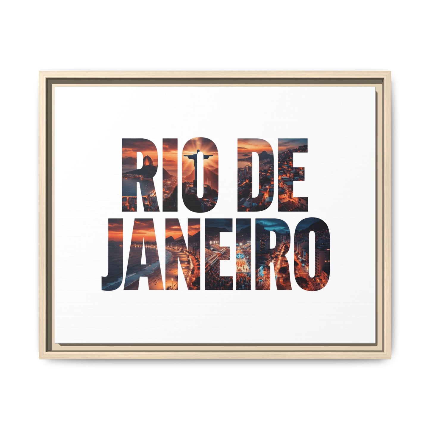 Rio de Janeiro Matte Canvas Framed Print — Sunset Cityscape Typography Wall Art