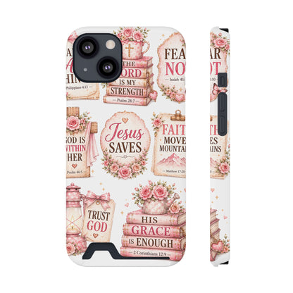 Christian Phone Case with Card Holder — 'Jesus Saves' Floral Scripture Design