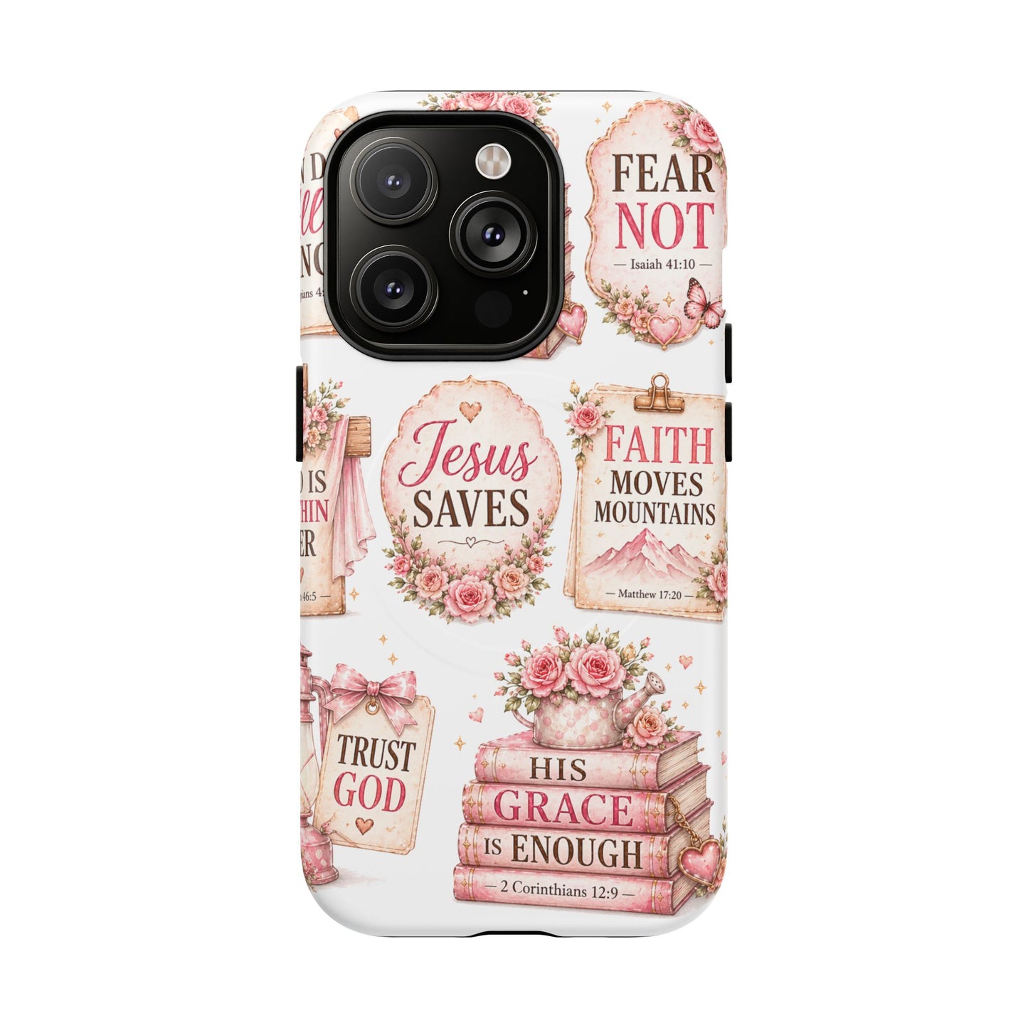 Christian Faith iPhone Tough Magnetic Case — 'Jesus Saves' Floral Scripture Design (Fear Not, Faith Moves Mountains)