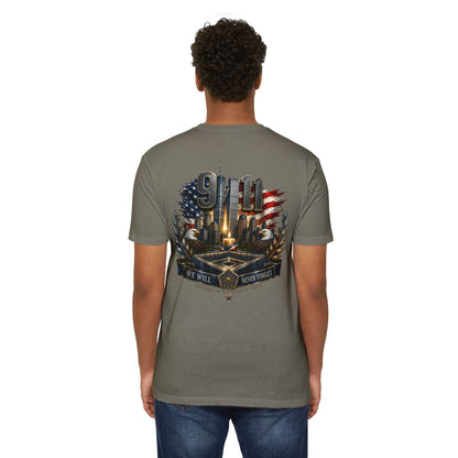 9/11 Never Forget Memorial T-Shirt — Tribute American Flag Skyline Tee