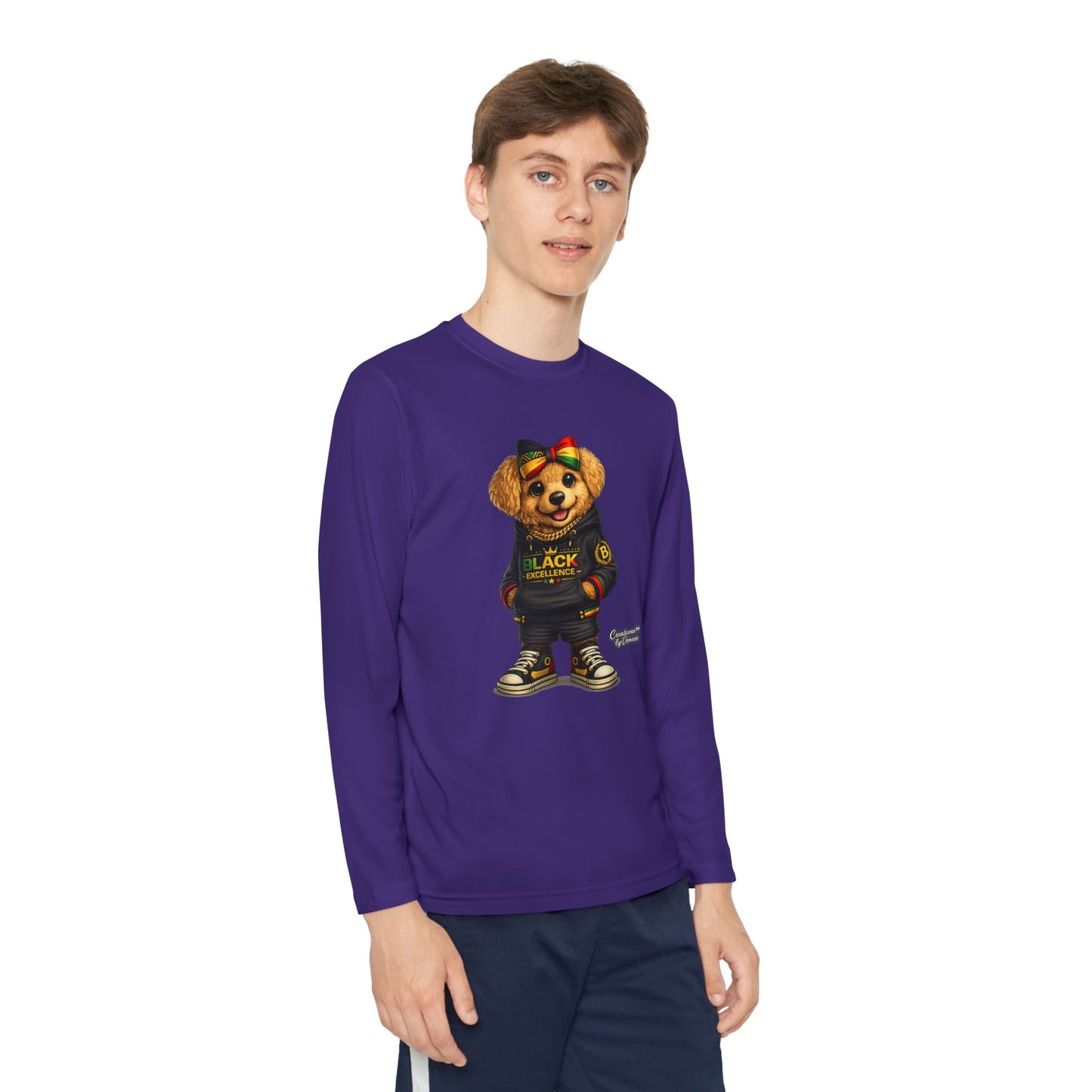 Youth Long Sleeve Tee — Trendy Bear Graphic "Black Excellence"