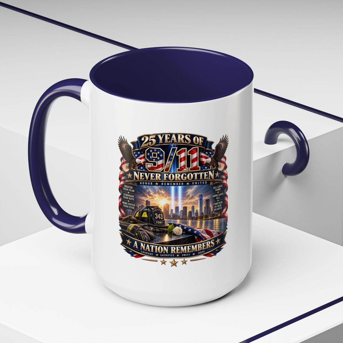 9/11 Memorial Coffee Mug — "25 Years of Never Forgotten" Patriot Tribute