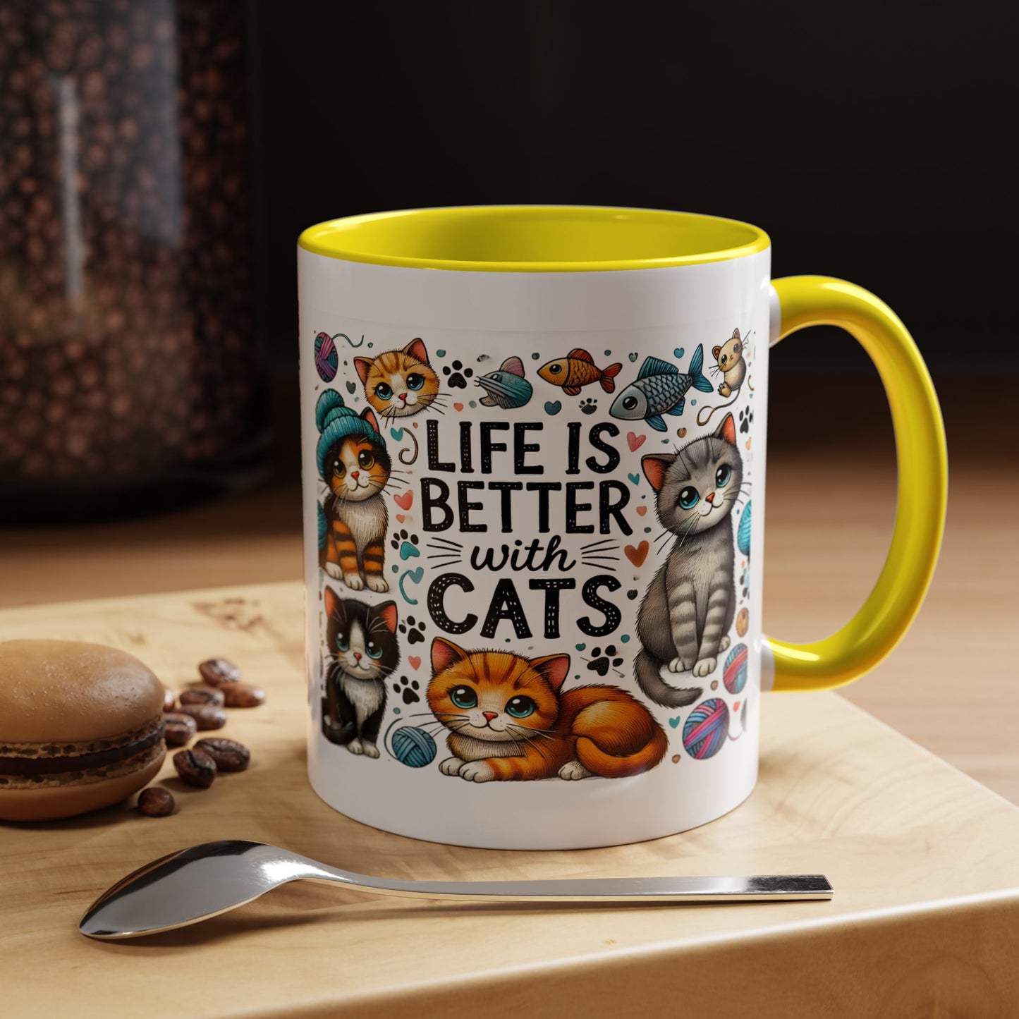Life Is Better With Cats Accent Coffee Mug – Cute Kitten Ceramic Tea Cup (11/15oz)
