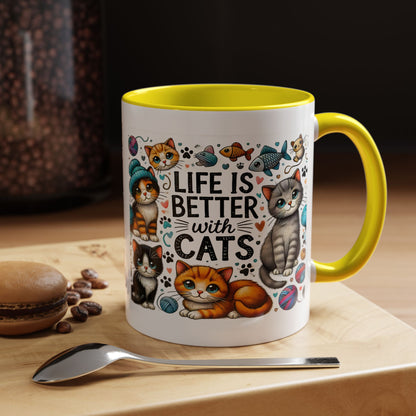 Life Is Better With Cats Accent Coffee Mug – Cute Kitten Ceramic Tea Cup (11/15oz)
