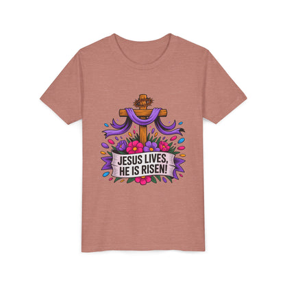 Youth Tee — "Jesus Lives, He Is Risen!" Easter Christian Tee