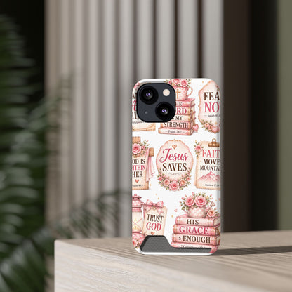 Christian Phone Case with Card Holder — 'Jesus Saves' Floral Scripture Design