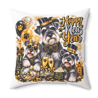 Happy New Year Schnauzer Pillow — Festive Gold Party Decorative Throw Pillow