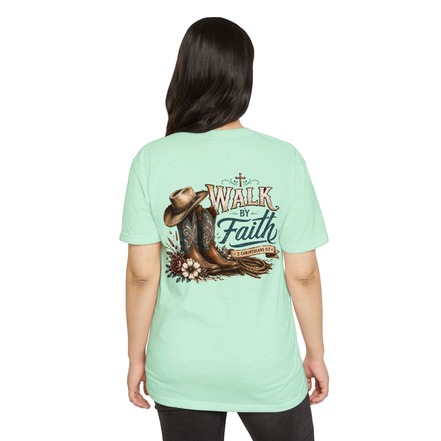 Walk By Faith T-Shirt — Christian Cowboy Boots & Hat Graphic Tee