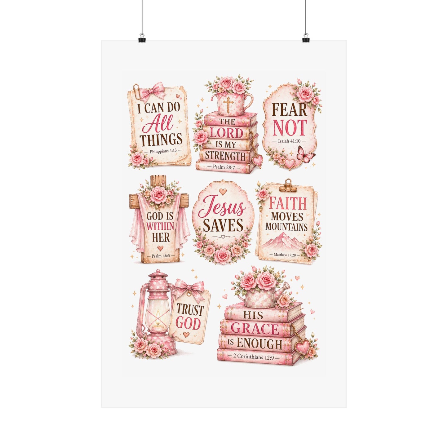 Christian Scripture Matte Poster - Floral 'Jesus Saves' & Encouraging Verses (Vertical)