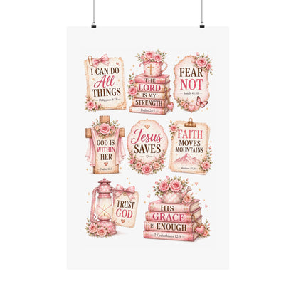 Christian Scripture Matte Poster - Floral 'Jesus Saves' & Encouraging Verses (Vertical)