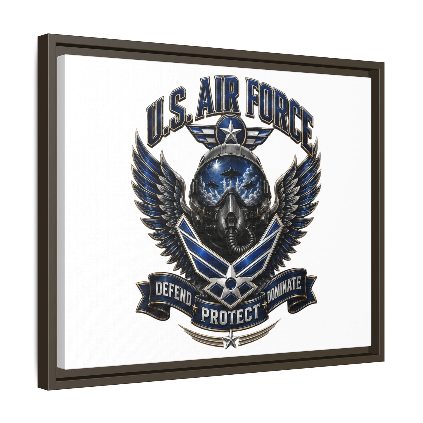 U.S. Air Force Emblem Framed Canvas Print – "Defend Protect Dominate" Military Wall Art