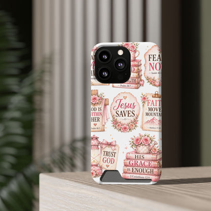 Christian Phone Case with Card Holder — 'Jesus Saves' Floral Scripture Design