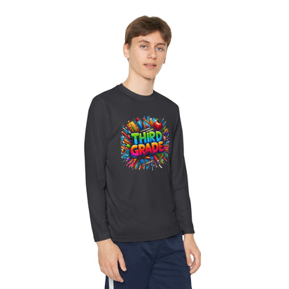 Third Grade Youth Long Sleeve Tee — Colorful School Supplies Design