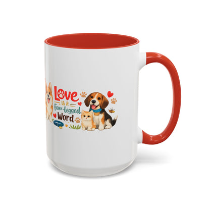 Dog Lover Accent Coffee Mug — “Love is a Four-Legged Word” Ceramic Gift