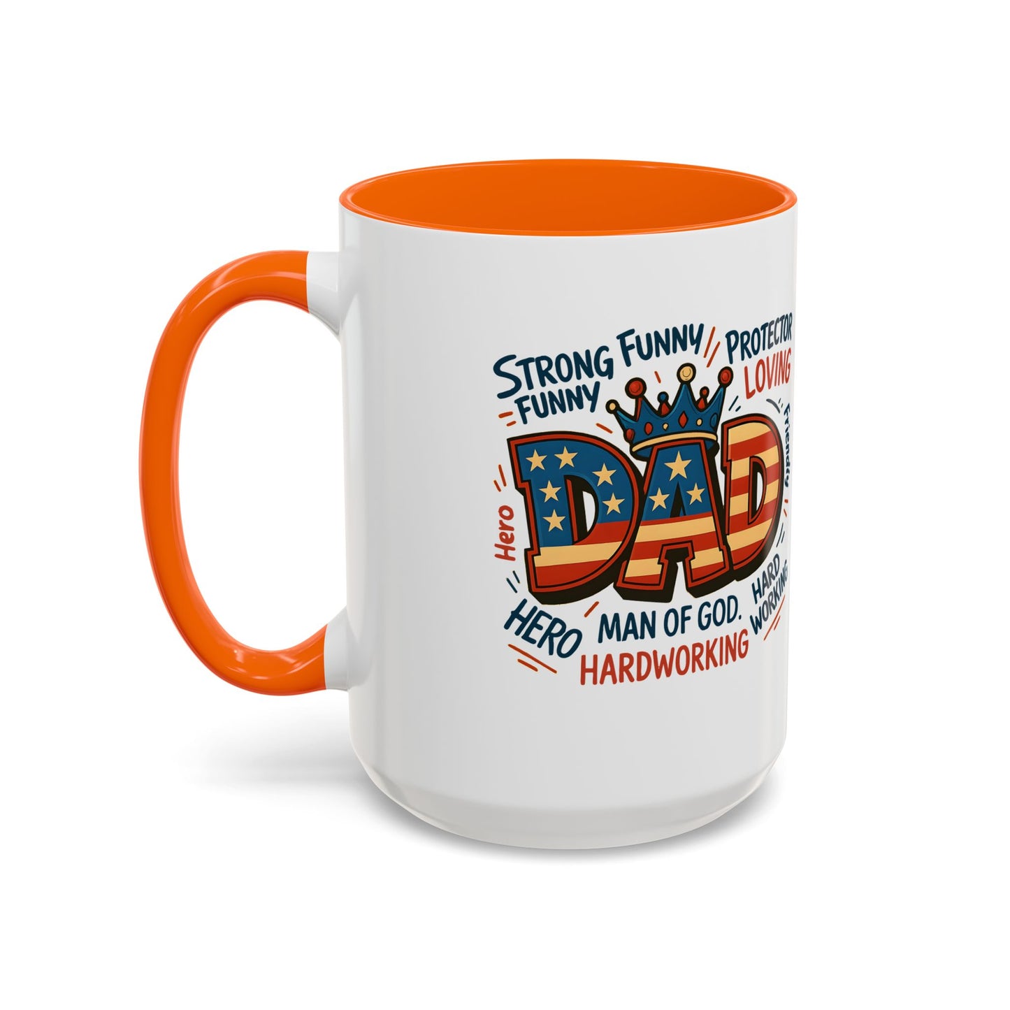 Dad Coffee Mug — Patriotic "DAD" Design with Loving, Hardworking, Protector Keywords (11/15oz Accent Mug)