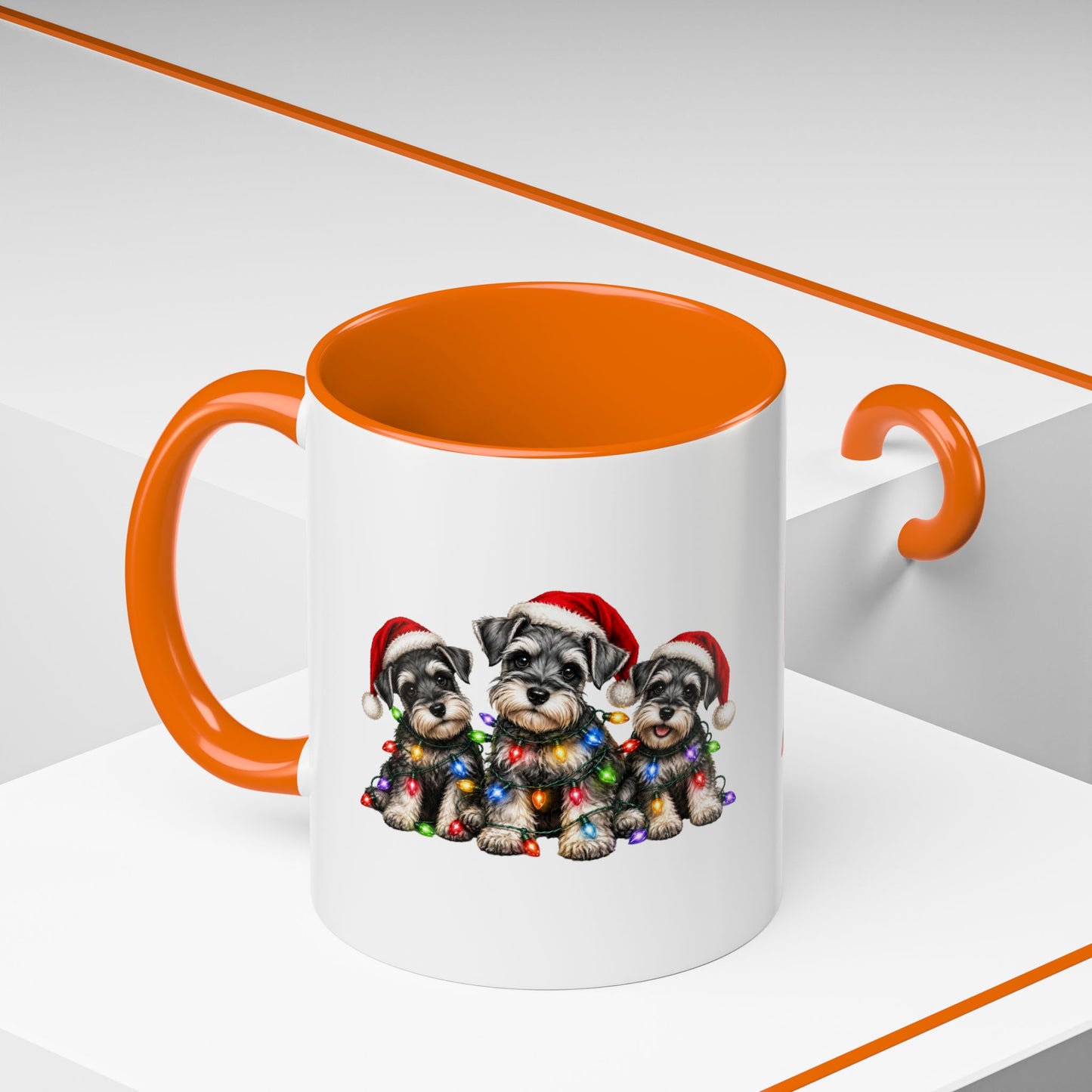 Christmas Puppy Coffee Mug — Cute Schnauzer Trio with Santa Hats & Holiday Lights (11/15oz)
