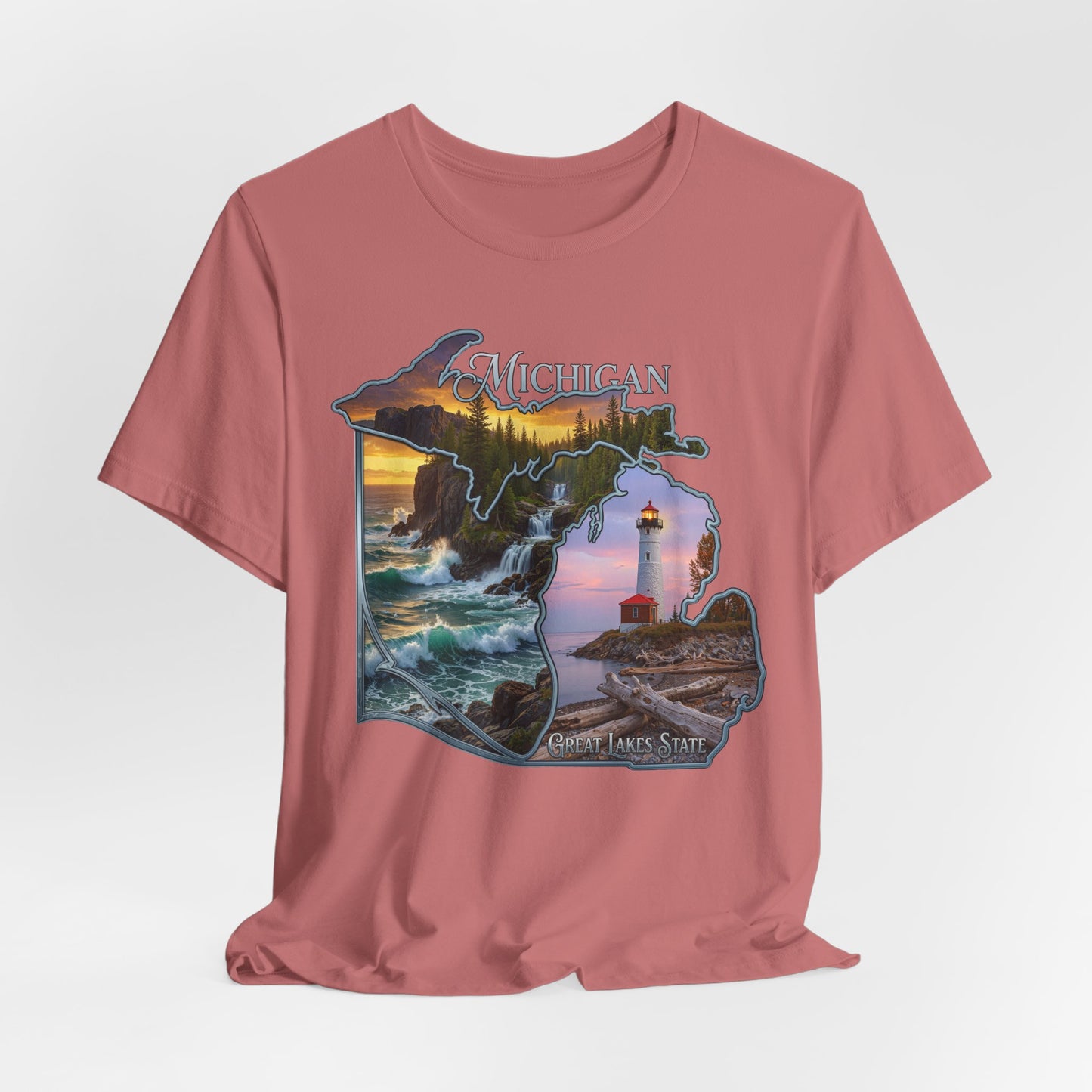 Michigan Scenic Map T-Shirt — Great Lakes Lighthouse Sunset Tee