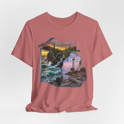Michigan Scenic Map T-Shirt — Great Lakes Lighthouse Sunset Tee