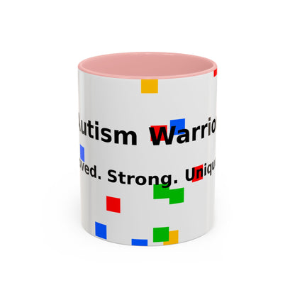 Autism Warrior Accent Coffee Mug – Bold Puzzle Pieces, Proud. Strong. Unique. (11/15oz)