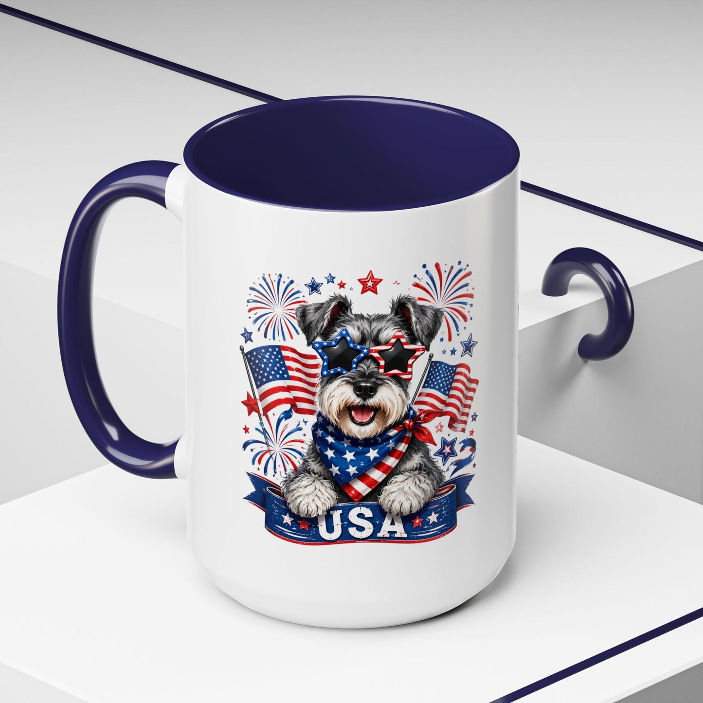 Patriotic Schnauzer Coffee Mug – USA Flag, Fireworks Accent Mug (11/15oz)