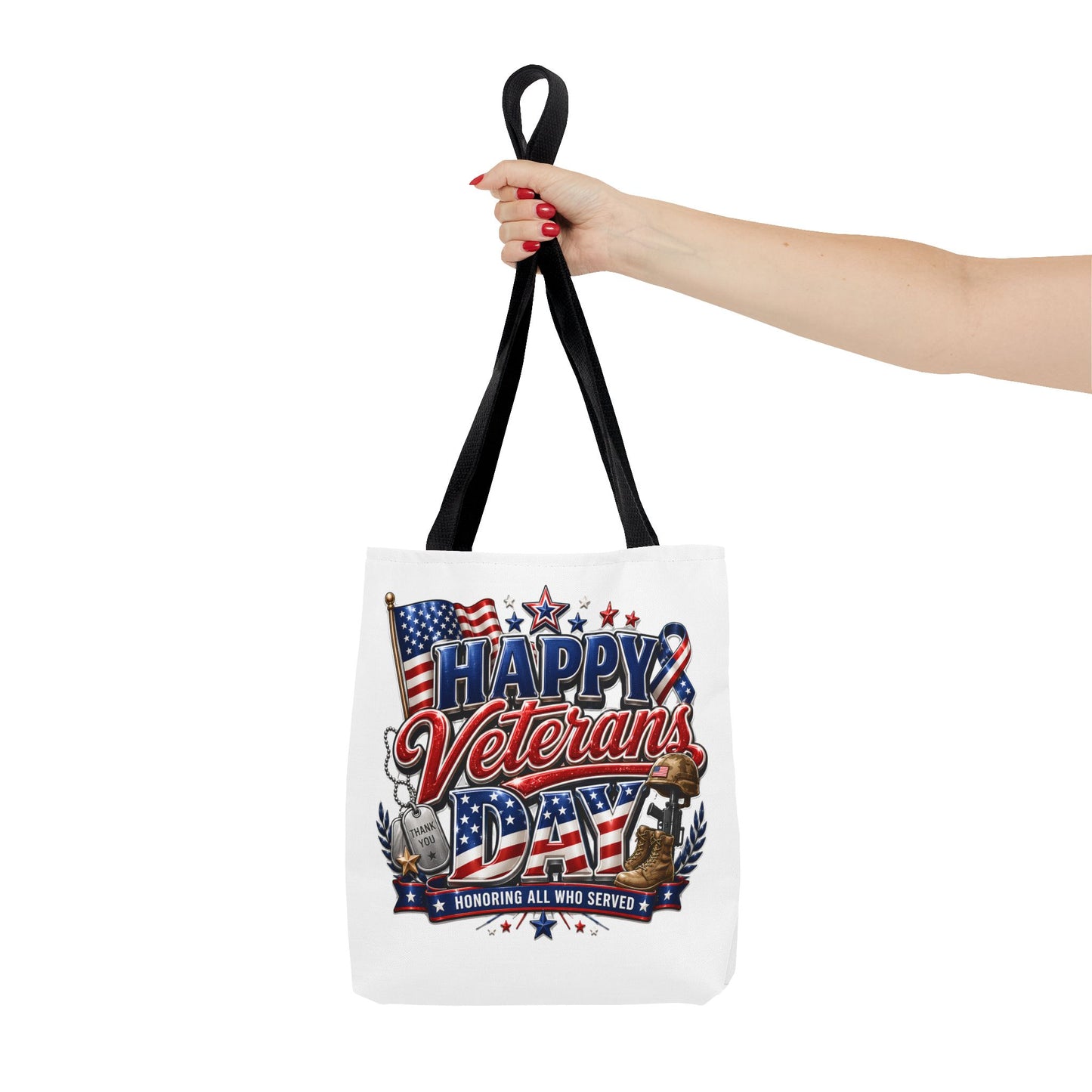 Veterans Day Tote Bag — "Happy Veterans Day" Patriotic All-Over Print