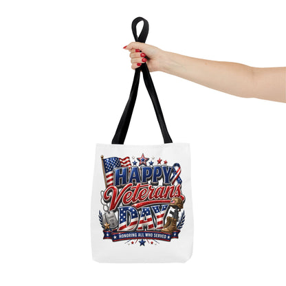 Veterans Day Tote Bag — "Happy Veterans Day" Patriotic All-Over Print