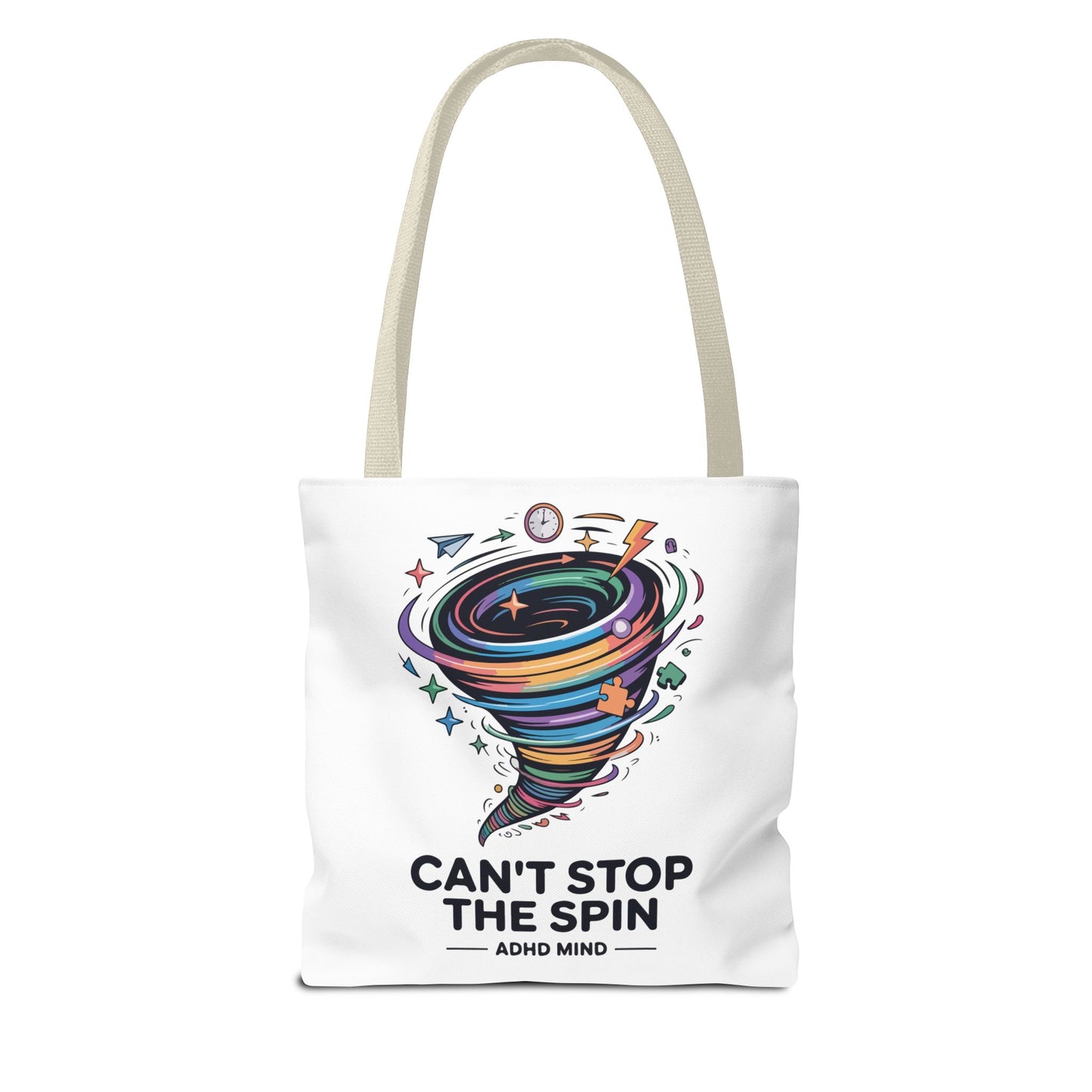 Tote Bag — “Can’t Stop The Spin” ADHD Mind Colorful Tornado Tote