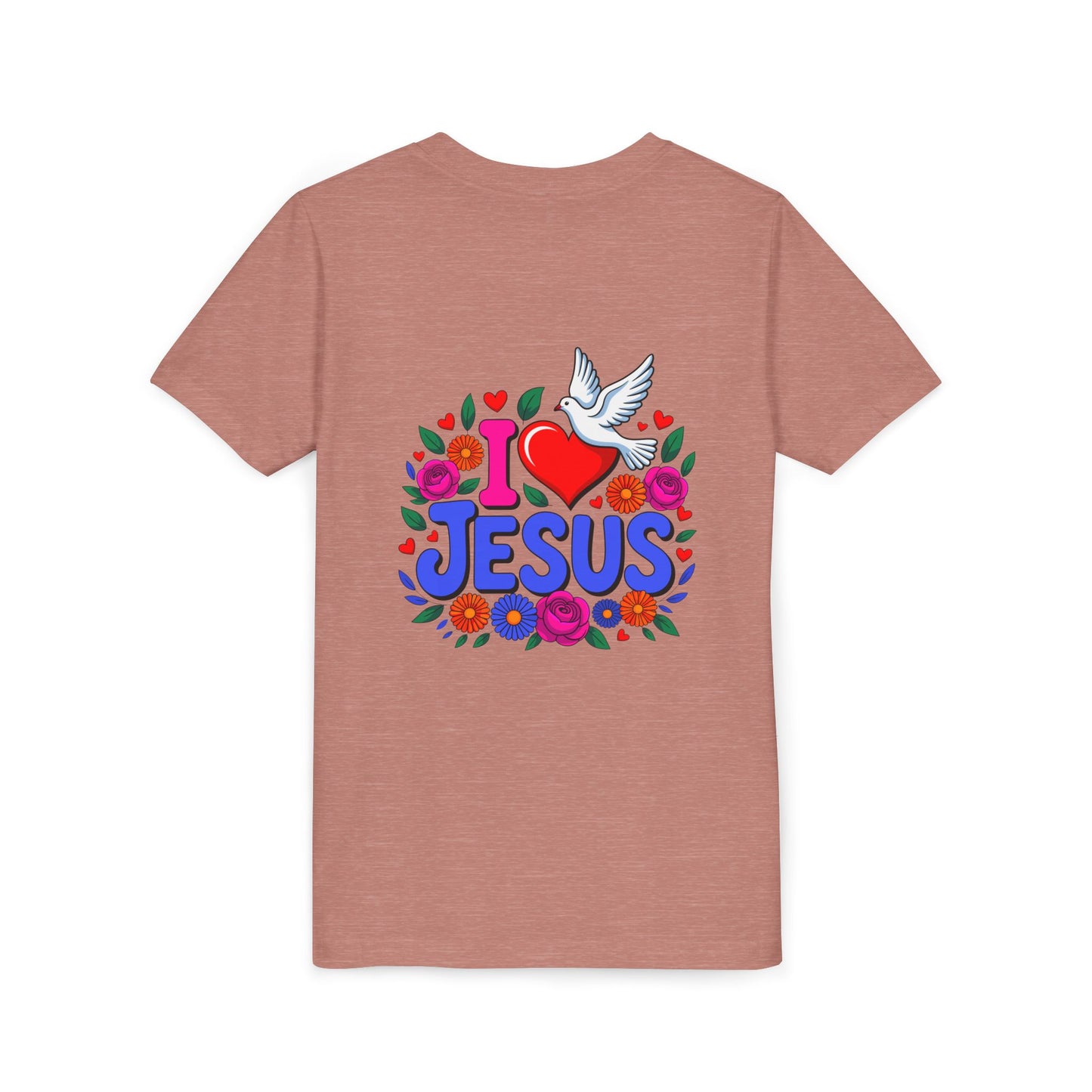 Youth Tee — "I  Jesus" Colorful Dove & Floral Christian Shirt