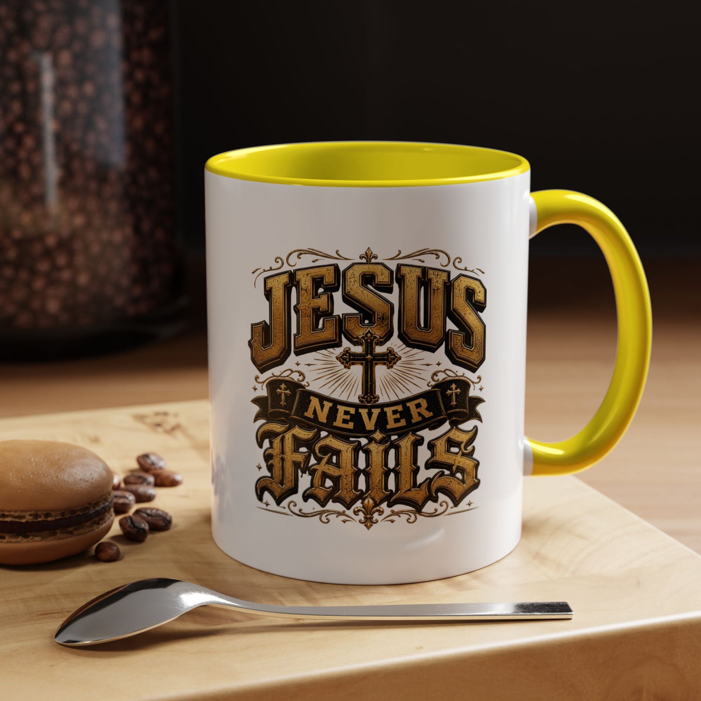 Jesus Never Fails Accent Coffee Mug — Inspirational Christian Faith 11/15oz
