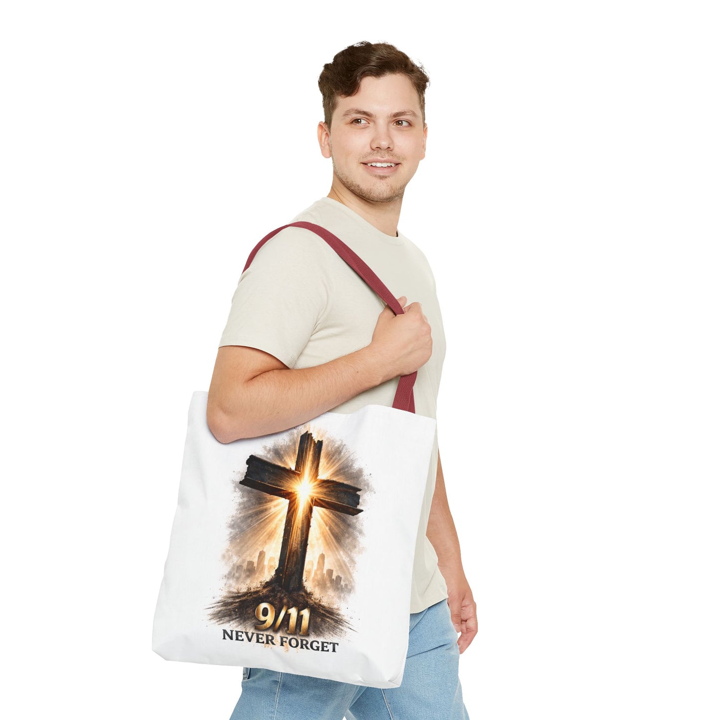 9/11 Never Forget Cross Memorial Tote Bag — Patriotic Remembrance Shopper