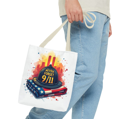 Never Forget 9/11 Memorial Tote Bag — Firefighter Helmet & Flag Tribute
