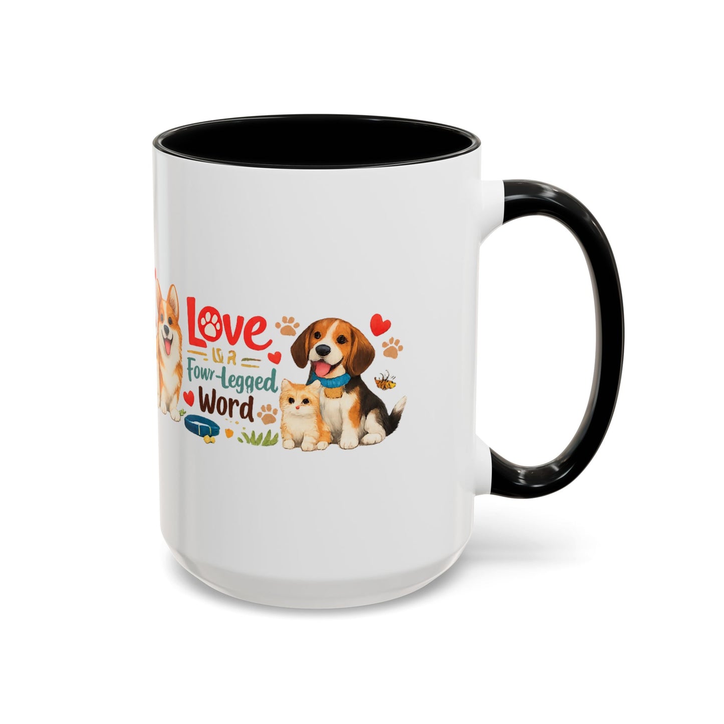 Dog Lover Accent Coffee Mug — “Love is a Four-Legged Word” Ceramic Gift