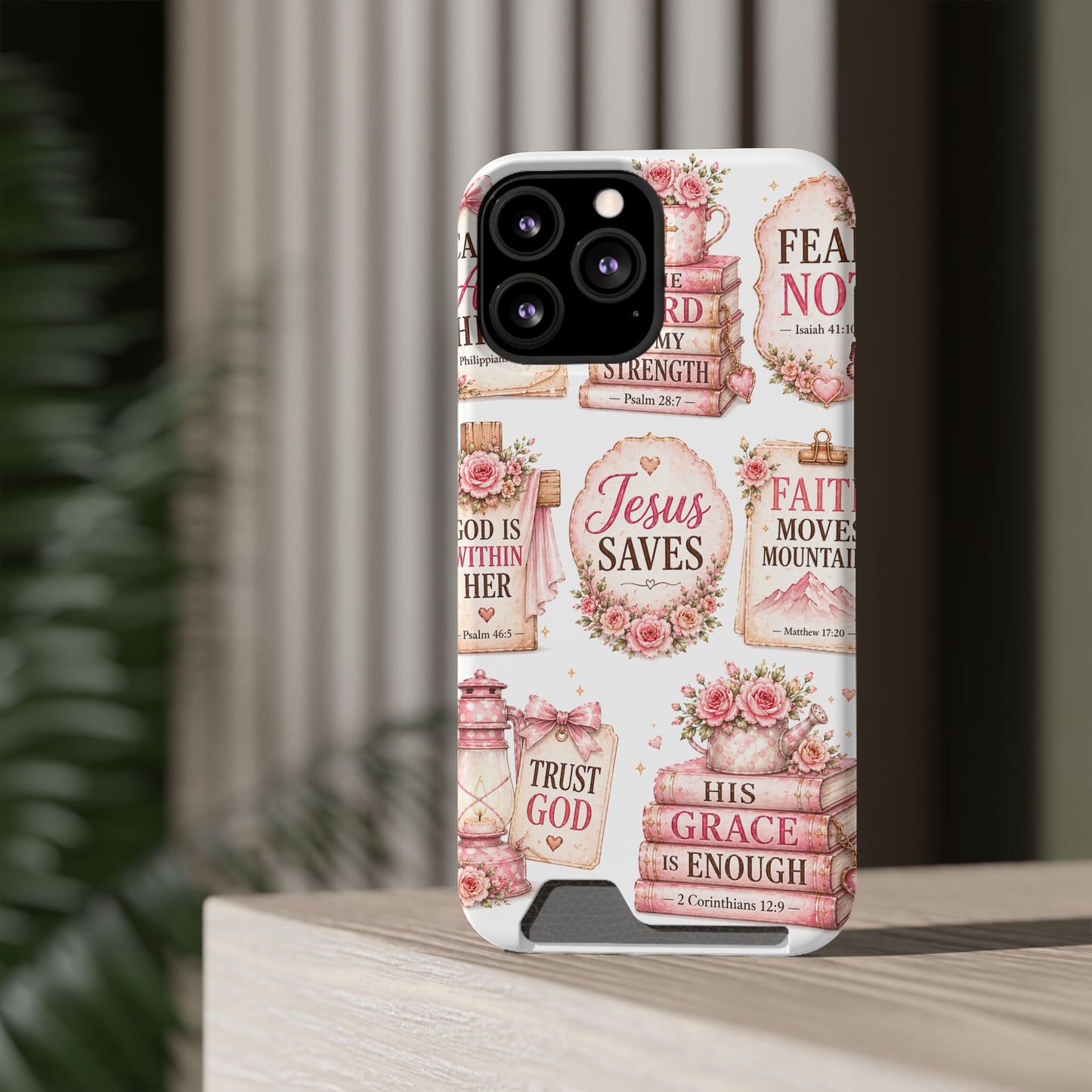 Christian Phone Case with Card Holder — 'Jesus Saves' Floral Scripture Design