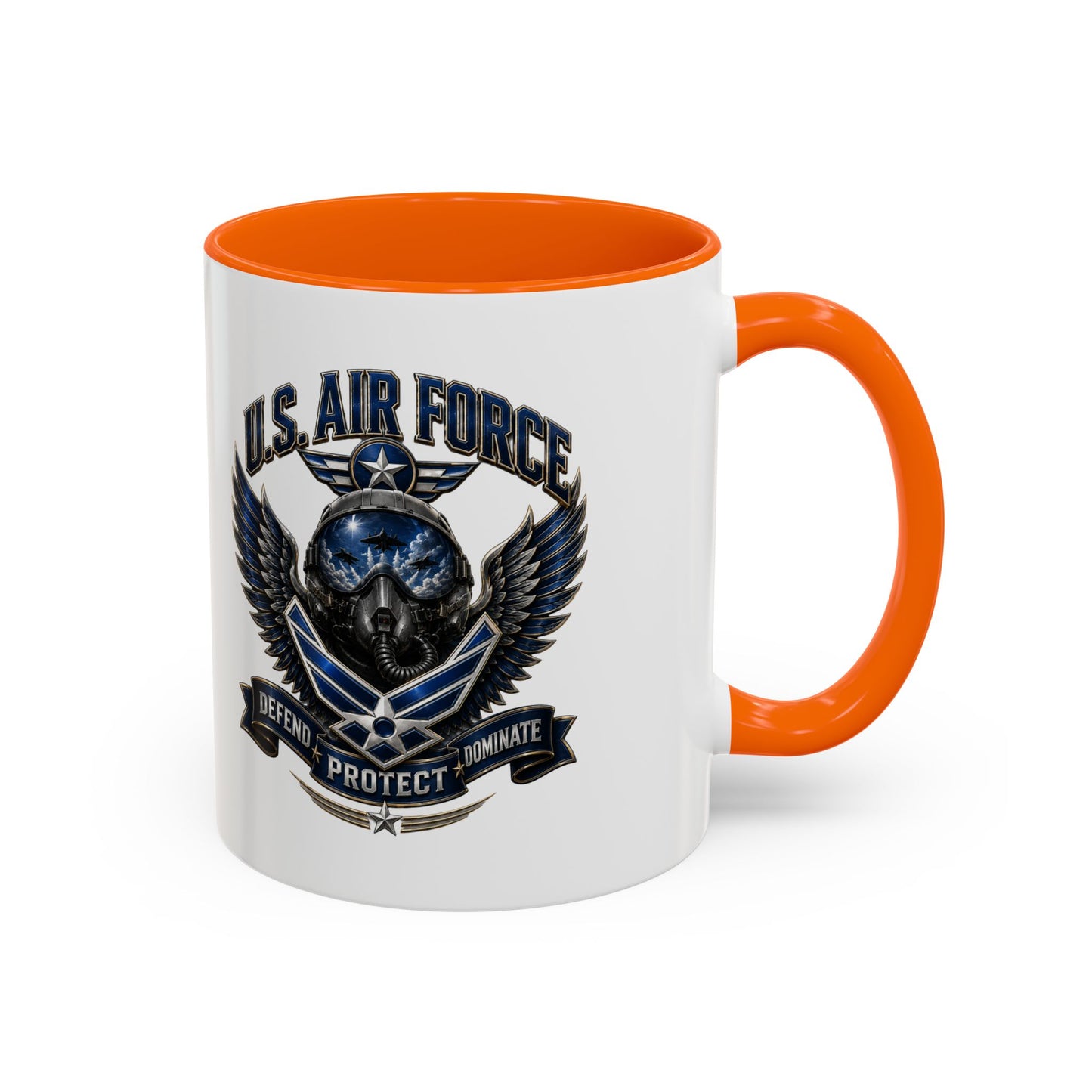 U.S. Air Force Emblem Accent Coffee Mug — Defend Protect Dominate (11/15oz)