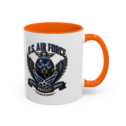 U.S. Air Force Emblem Accent Coffee Mug — Defend Protect Dominate (11/15oz)