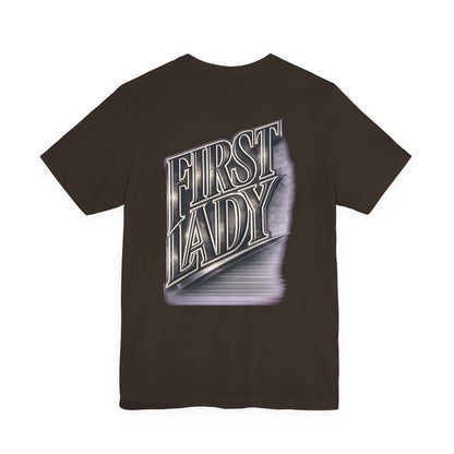First Lady Graphic Tee — Retro Metallic Script Short Sleeve Shirt