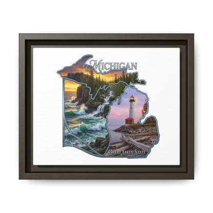 Michigan Framed Canvas Wall Art — Great Lakes State Lighthouse & Shoreline Print