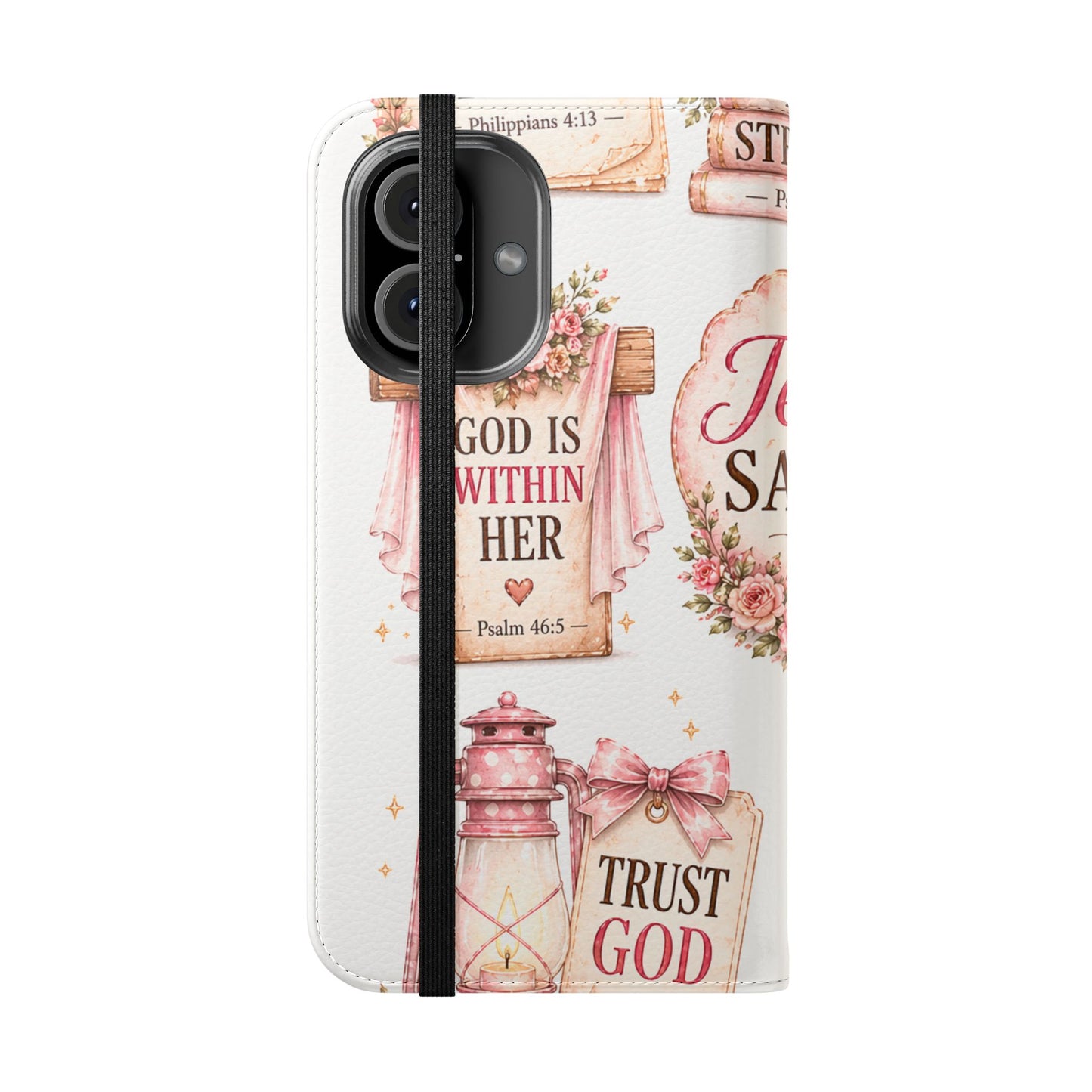 Christian Floral Phone Flip Case — "Jesus Saves" & Inspirational Scripture Wallet Cover