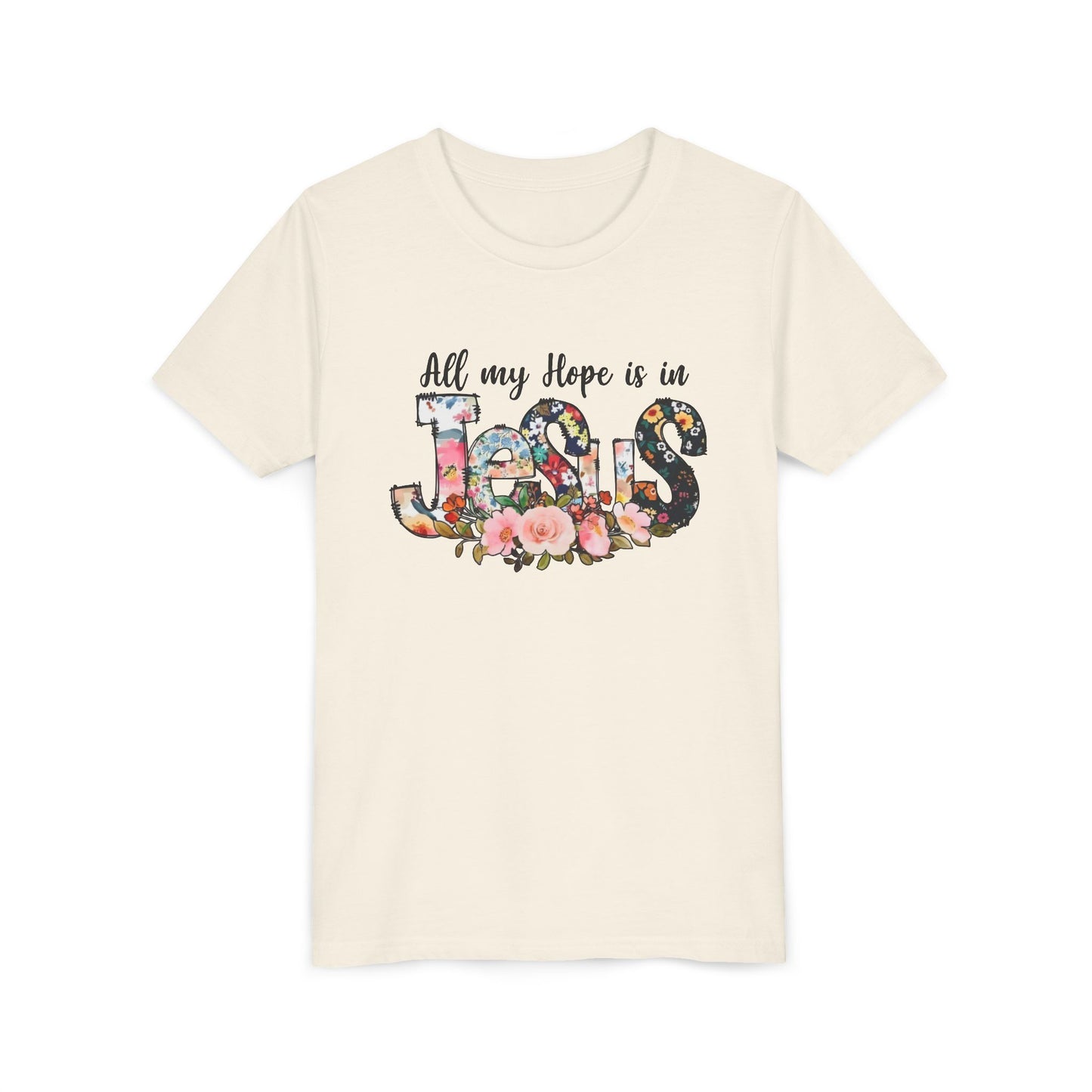 Youth Tee — "All My Hope Is in Jesus" Floral Christian Shirt
