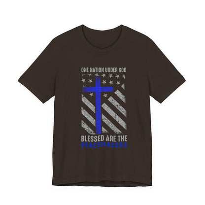 Blessed Are the Peacemakers T‑Shirt — Thin Blue Line Cross, "One Nation Under God" Patriotic Police Tee