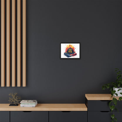 Never Forget 9/11 Framed Canvas Print — Firefighter Helmet & American Flag Memorial Art