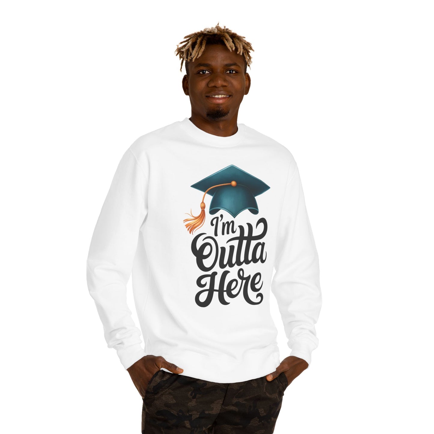 Graduation Crewneck Sweatshirt – “I’m Outta Here” Cap & Tassel Design