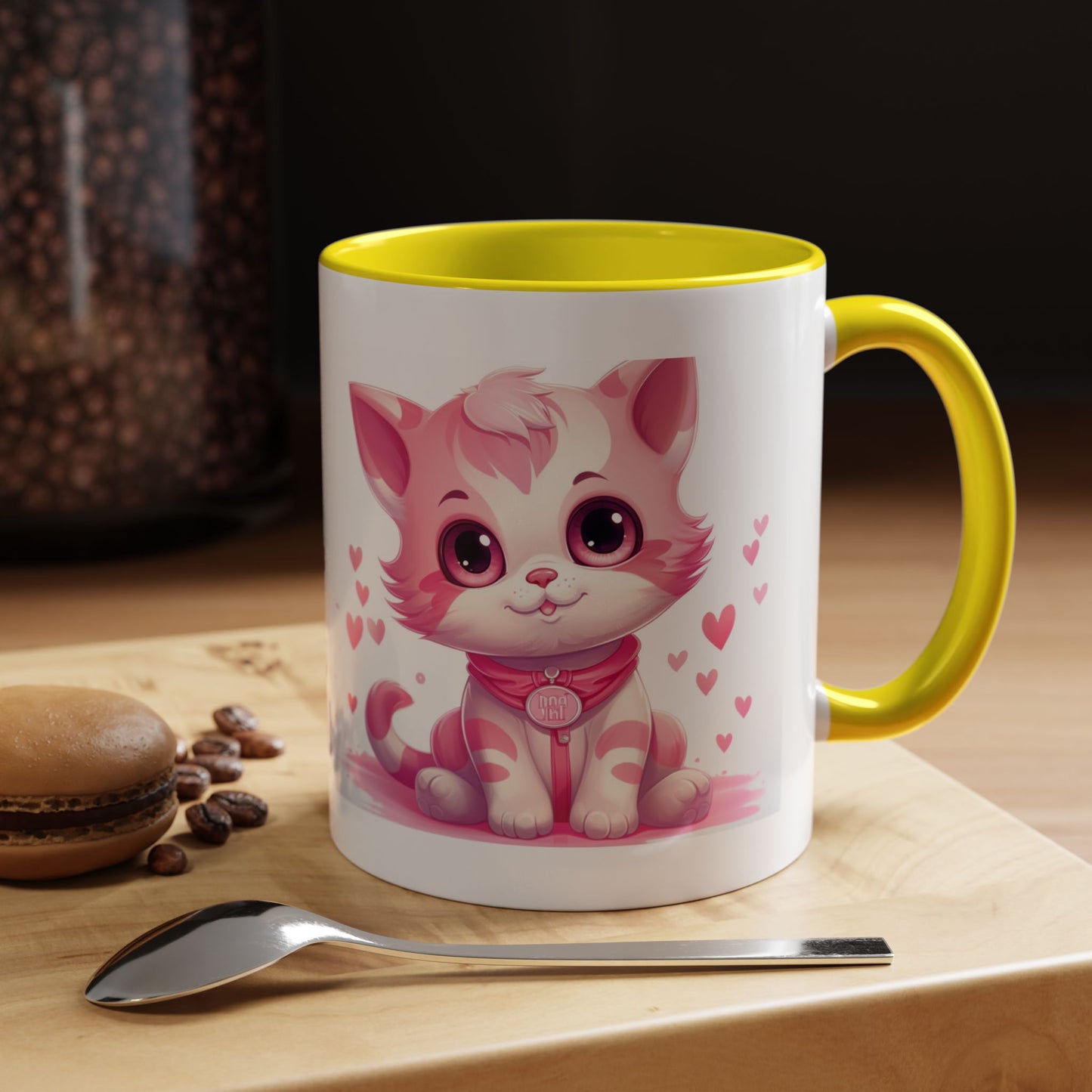 Pink Cute Kitten Coffee Mug — Cute Cat Accent Mug with Hearts (11/15oz)