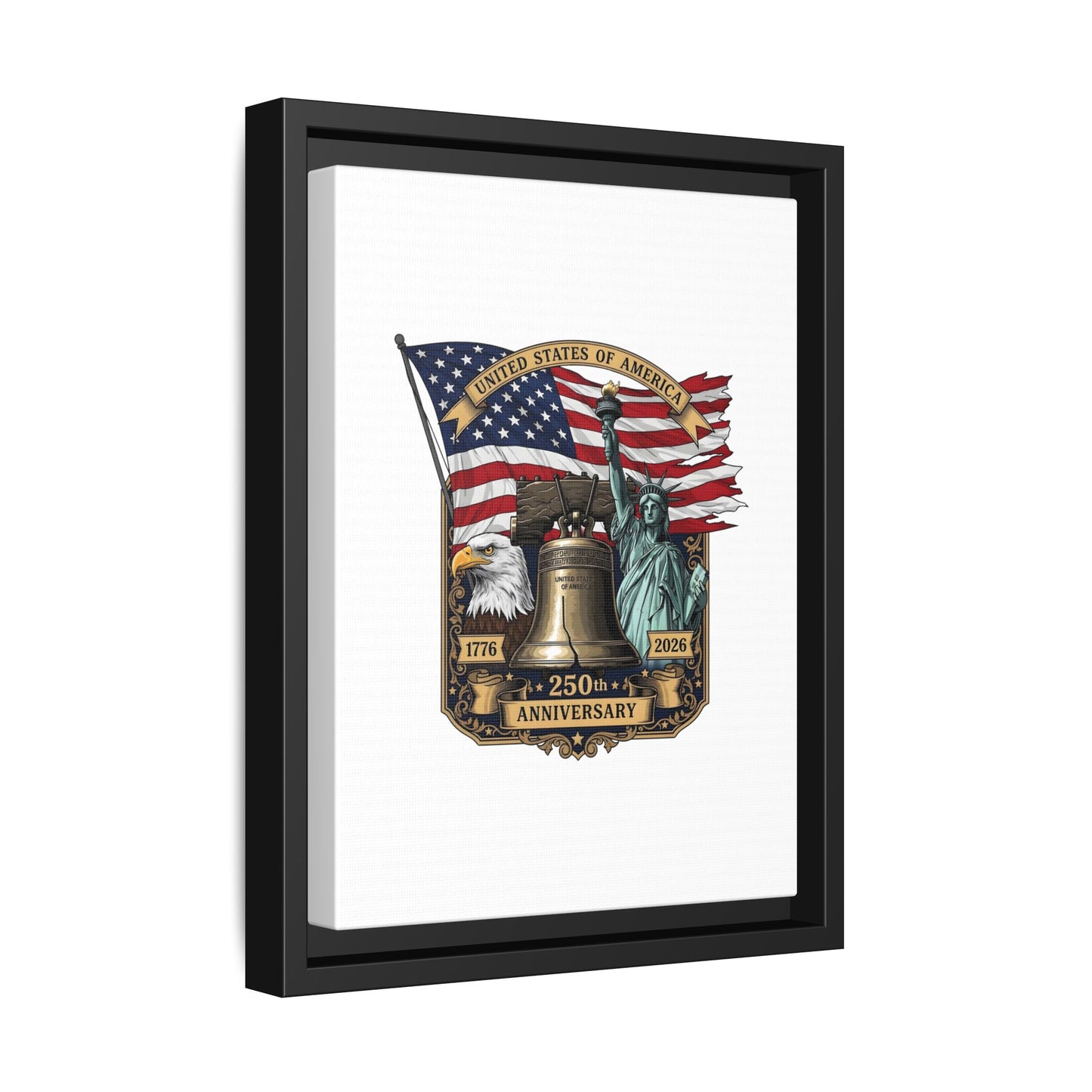 Liberty 250th Anniversary Framed Canvas Print — American Flag, Statue of Liberty & Liberty Bell Art